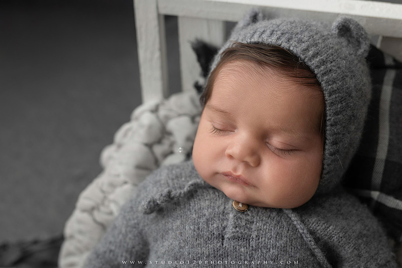 “Studio 120 Photography newborn session featuring timeless poses, cozy knits, and a custom goose theme inspired by the baby shower announcement.”