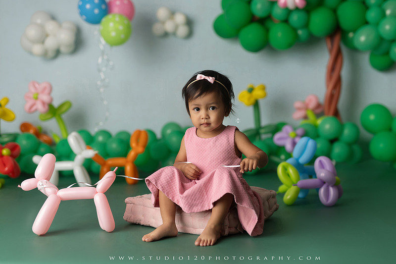Art-inspired two-year-old birthday photo session featuring a toddler in a pink dress within a whimsical balloon garden set, with playful sculptural elements and a visual nod to Jeff Koons