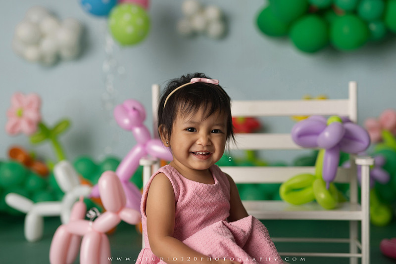 Art-inspired two-year-old birthday photo session featuring a toddler in a pink dress within a whimsical balloon garden set, with playful sculptural elements and a visual nod to Jeff Koons