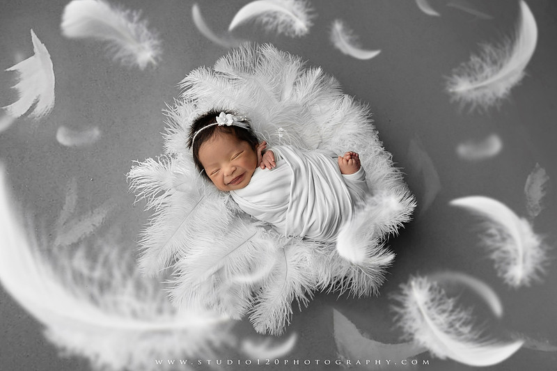 Banksy-inspired newborn photography featuring fine art minimalist styling with angel wings, painted motion effects, and a red heart balloon on a soft gray backdrop