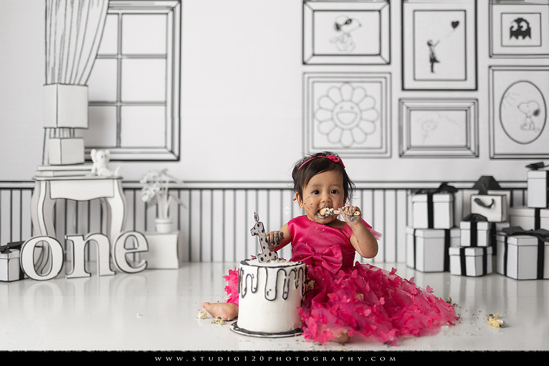 Art-inspired first birthday photo session featuring a toddler in a vibrant pink dress against a graphic black-and-white illustrated set, with visual nods to Takashi Murakami, KAWS, Jeff Koons, and Invader
