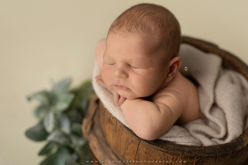 Custom newborn photography session in Ramona, California featuring a baby posed in cozy neutral tones with safari-inspired scenes, teddy bears, and a playful business suit setup, created using studio styling and digital backdrops by a San Diego newborn photographer.