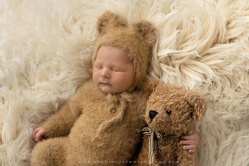 Custom newborn photography session in Ramona, California featuring a baby posed in cozy neutral tones with safari-inspired scenes, teddy bears, and a playful business suit setup, created using studio styling and digital backdrops by a San Diego newborn photographer.