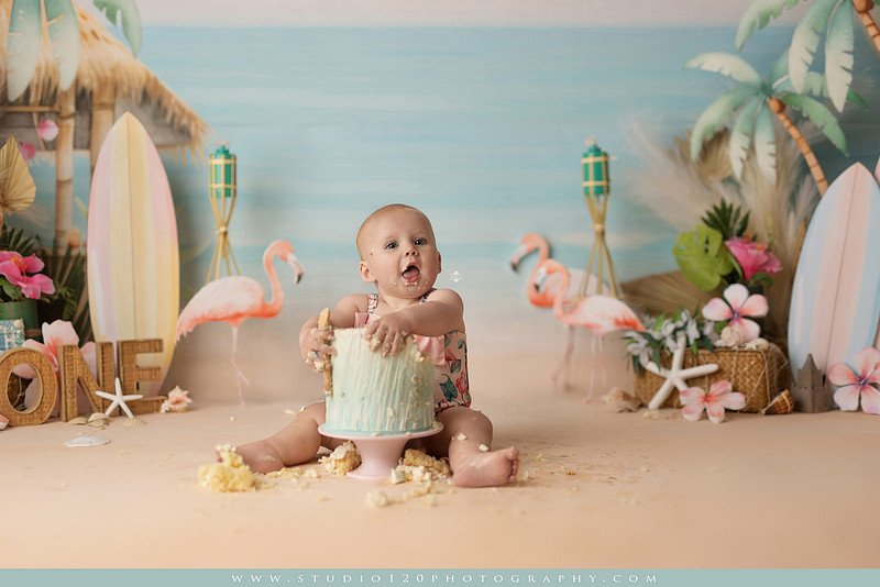 “first birthday portrait of baby in white dress with floral accents in light and airy studio”
“elegant first birthday portrait session with baby in white dress and neutral backdrop”
“luxe coastal cake smash with beach themed backdrop, flamingos and tropical decor”
“baby girl beach themed cake smash with pastel cake and tropical surfboard props”
“coastal first birthday cake smash with flamingo accents and soft beach colors”
“tropical cake smash photography featuring baby and pastel beach themed set”
“baby enjoying cake smash in coastal themed studio with palm trees and flamingos”
“beach inspired cake smash session with baby standing in cake and tropical decor”
“luxury cake smash photography with coastal beach theme and soft pastel tones”