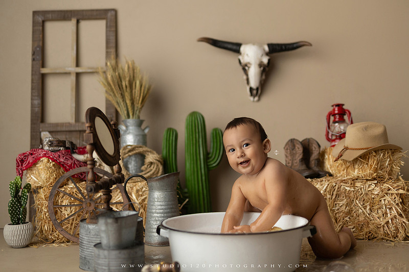 First birthday cake smash and western splash milestone session at Studio 120 Photography in Ramona California serving Poway, Santee, Lakeside, and San Diego families