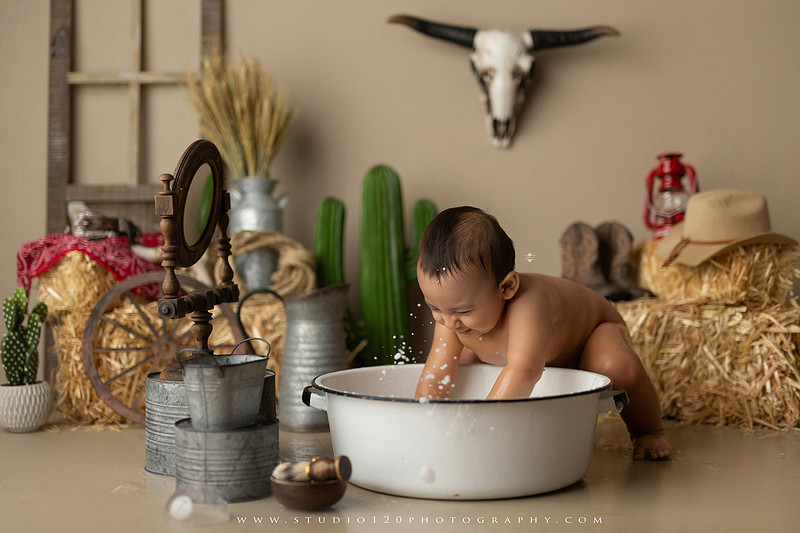 First birthday cake smash and western splash milestone session at Studio 120 Photography in Ramona California serving Poway, Santee, Lakeside, and San Diego families