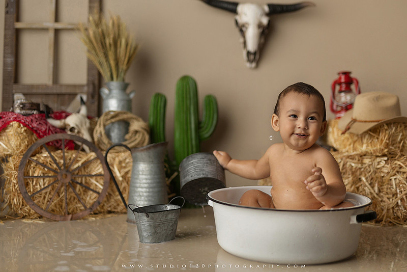 First birthday cake smash and western splash milestone session at Studio 120 Photography in Ramona California serving Poway, Santee, Lakeside, and San Diego families