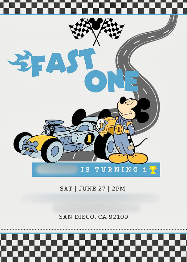Fast One Mickey Mouse race car cake smash featuring custom race track backdrop, checkered flags, vintage race car prop, and first birthday cake in San Diego