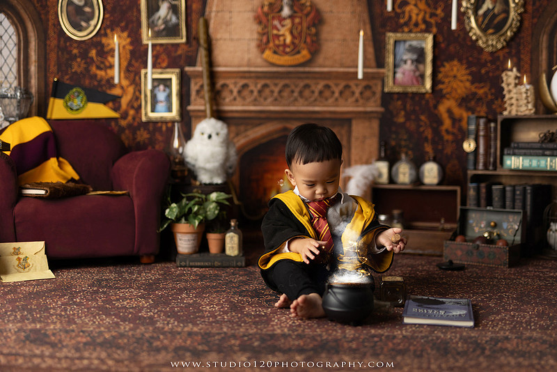 "Harry Potter cake smash", "Gryffindor cake smash", "Harry Potter first birthday", "Gryffindor common room", "wizard themed cake smash", "magical first birthday", "first birthday cake smash", "cake smash photographer", "Ramona cake smash photographer", "San Diego cake smash photographer", "milestone photography", "first birthday portraits", "one year old photos", "custom cake smash theme", "Harry Potter birthday photos", "luxury cake smash photography", "birthday photography", "Ramona photographer", "San Diego photographer", "classic milestone portraits", "studio milestone session", "baby milestone photography", "first birthday photography", "custom photography sets", "Studio 120 Photography"