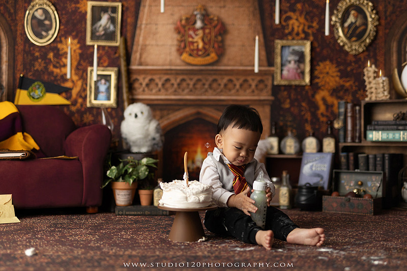 "Harry Potter cake smash", "Gryffindor cake smash", "Harry Potter first birthday", "Gryffindor common room", "wizard themed cake smash", "magical first birthday", "first birthday cake smash", "cake smash photographer", "Ramona cake smash photographer", "San Diego cake smash photographer", "milestone photography", "first birthday portraits", "one year old photos", "custom cake smash theme", "Harry Potter birthday photos", "luxury cake smash photography", "birthday photography", "Ramona photographer", "San Diego photographer", "classic milestone portraits", "studio milestone session", "baby milestone photography", "first birthday photography", "custom photography sets", "Studio 120 Photography"