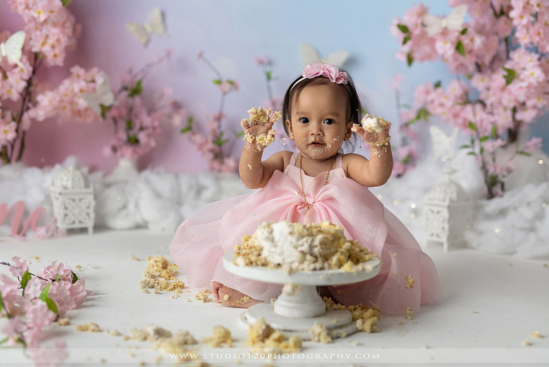 One-year-old girl enjoying an elegant blush pink floral cake smash with cherry blossoms, butterflies, and a custom birthday cake during a luxury first birthday photography session at Studio 120 Photography in Ramona, California.