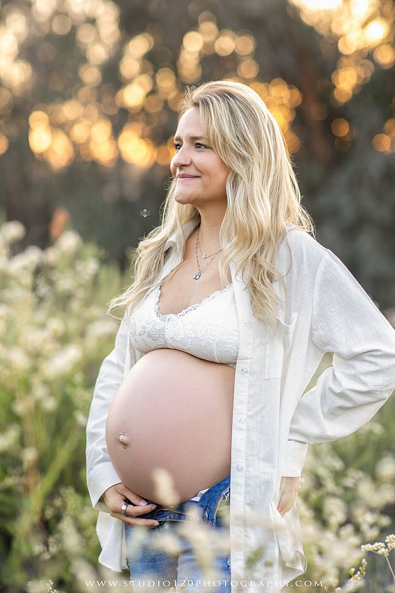 Outdoor maternity photography session in Ramona, CA featuring an expectant mother, father, and young children during golden hour with natural family portraits, pregnancy photos, and scenic Southern California landscapes by Studio 120 Photography.