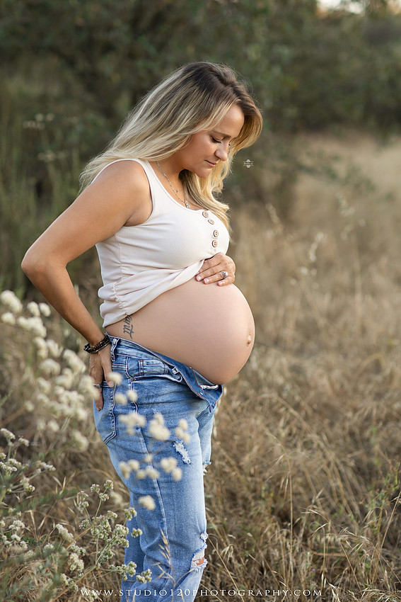 Outdoor maternity photography session in Ramona, CA featuring an expectant mother, father, and young children during golden hour with natural family portraits, pregnancy photos, and scenic Southern California landscapes by Studio 120 Photography.