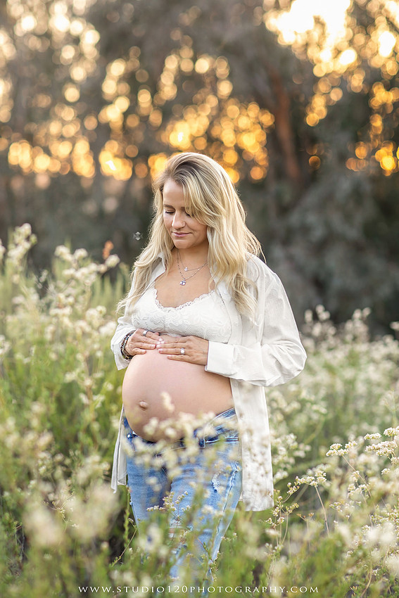 Outdoor maternity photography session in Ramona, CA featuring an expectant mother, father, and young children during golden hour with natural family portraits, pregnancy photos, and scenic Southern California landscapes by Studio 120 Photography.