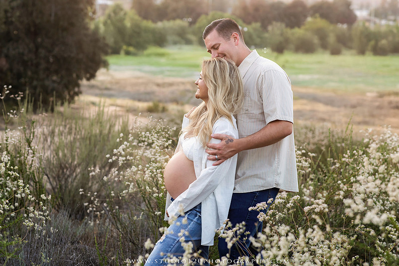 Outdoor maternity photography session in Ramona, CA featuring an expectant mother, father, and young children during golden hour with natural family portraits, pregnancy photos, and scenic Southern California landscapes by Studio 120 Photography.