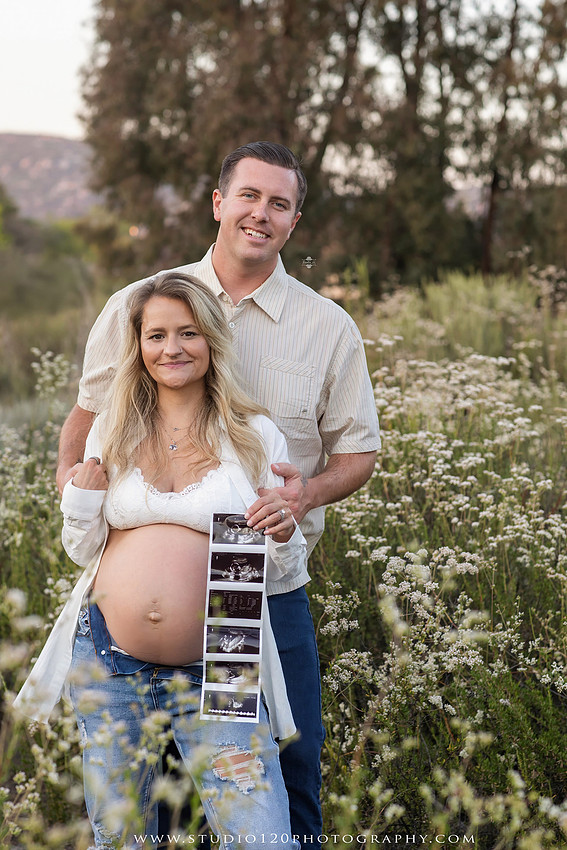 Outdoor maternity photography session in Ramona, CA featuring an expectant mother, father, and young children during golden hour with natural family portraits, pregnancy photos, and scenic Southern California landscapes by Studio 120 Photography.
