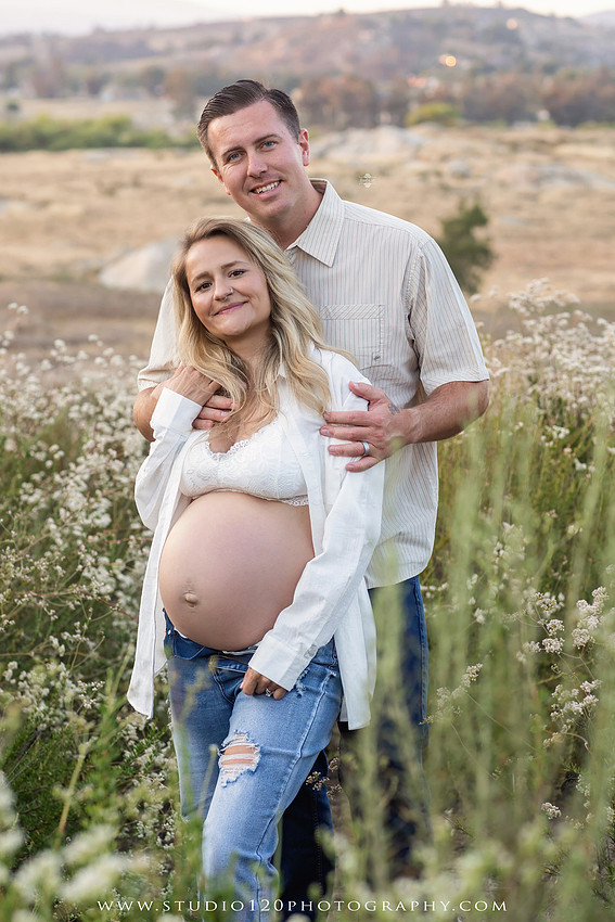 Outdoor maternity photography session in Ramona, CA featuring an expectant mother, father, and young children during golden hour with natural family portraits, pregnancy photos, and scenic Southern California landscapes by Studio 120 Photography.