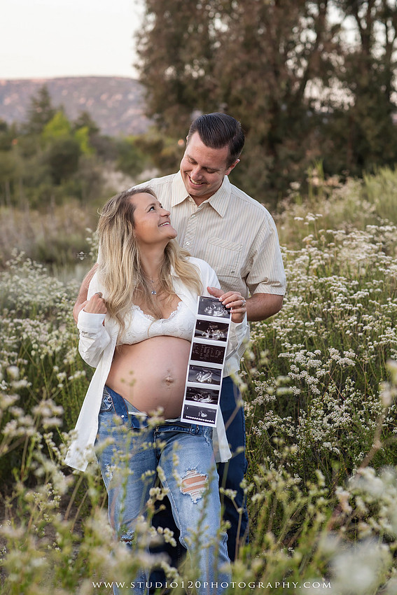 Outdoor maternity photography session in Ramona, CA featuring an expectant mother, father, and young children during golden hour with natural family portraits, pregnancy photos, and scenic Southern California landscapes by Studio 120 Photography.