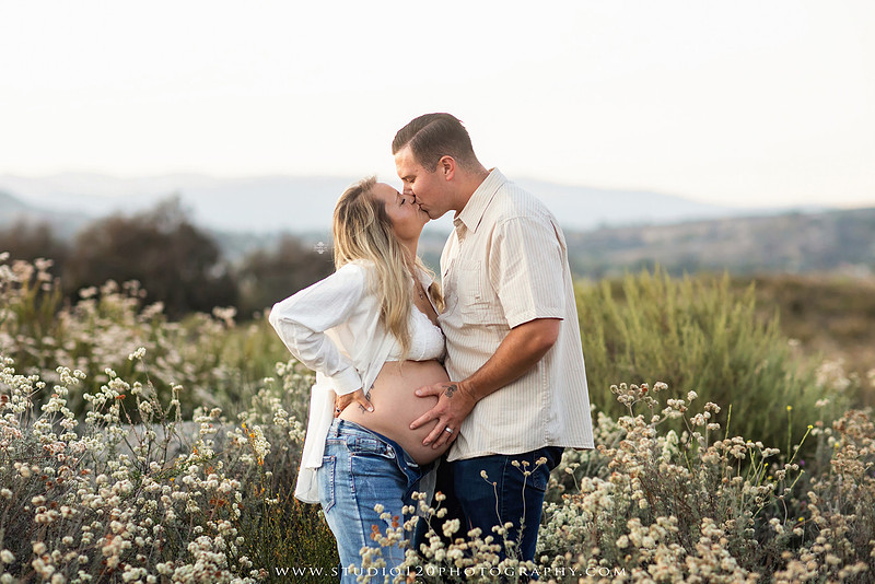 Outdoor maternity photography session in Ramona, CA featuring an expectant mother, father, and young children during golden hour with natural family portraits, pregnancy photos, and scenic Southern California landscapes by Studio 120 Photography.