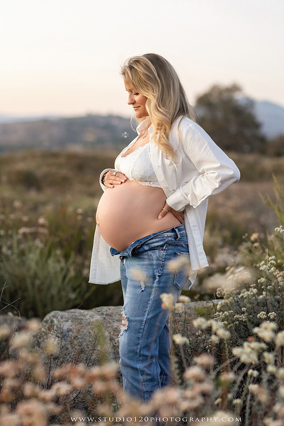 Outdoor maternity photography session in Ramona, CA featuring an expectant mother, father, and young children during golden hour with natural family portraits, pregnancy photos, and scenic Southern California landscapes by Studio 120 Photography.