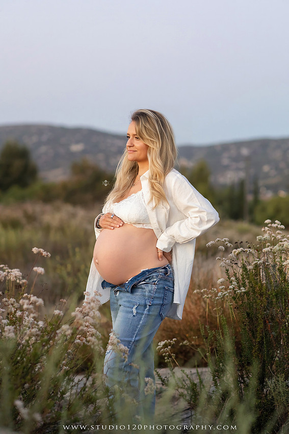 Outdoor maternity photography session in Ramona, CA featuring an expectant mother, father, and young children during golden hour with natural family portraits, pregnancy photos, and scenic Southern California landscapes by Studio 120 Photography.