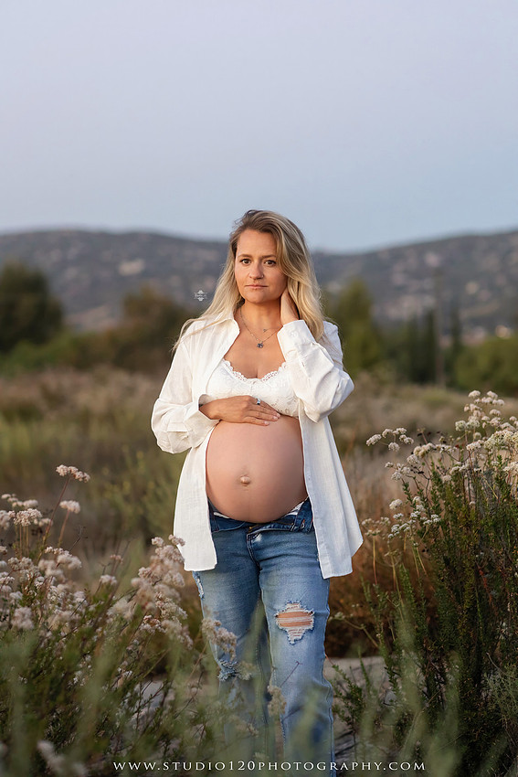 Outdoor maternity photography session in Ramona, CA featuring an expectant mother, father, and young children during golden hour with natural family portraits, pregnancy photos, and scenic Southern California landscapes by Studio 120 Photography.