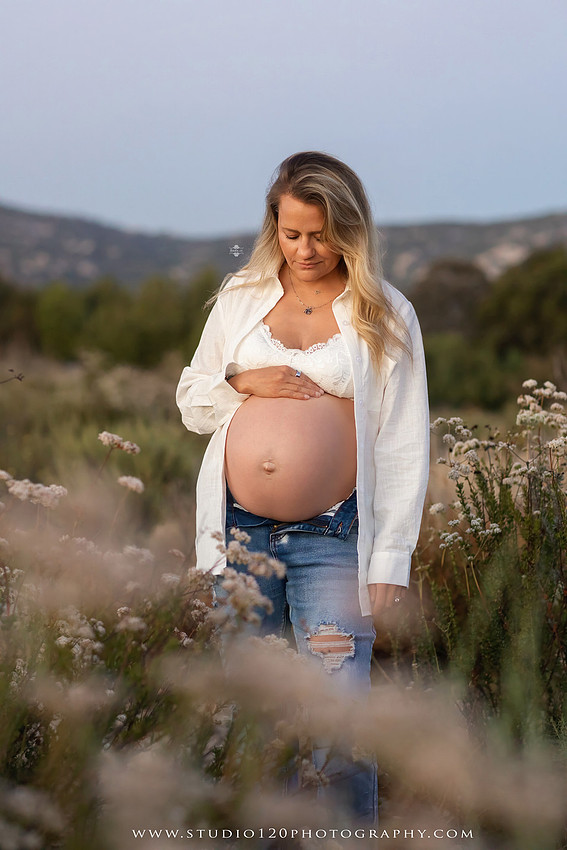 Outdoor maternity photography session in Ramona, CA featuring an expectant mother, father, and young children during golden hour with natural family portraits, pregnancy photos, and scenic Southern California landscapes by Studio 120 Photography.