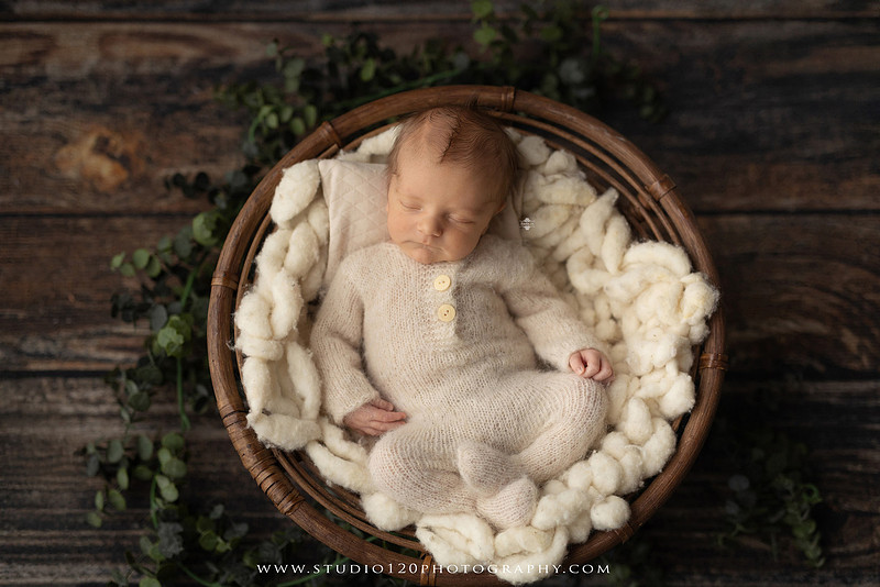 Professional newborn photography session in Ramona featuring a sleeping baby boy, sibling portraits, loving family photos, timeless neutral styling, wrapped newborn poses, and classic studio portraits by Studio 120 Photography.
