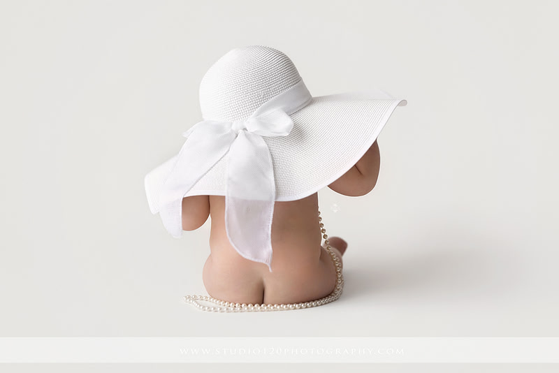Professional milestone photography session in Ramona featuring a smiling baby girl, mother and baby portraits, classic sitter milestone photos, timeless neutral styling, and first year baby photography by Studio 120 Photography.