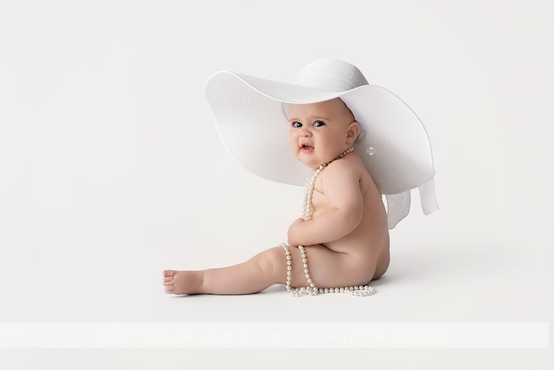 Professional milestone photography session in Ramona featuring a smiling baby girl, mother and baby portraits, classic sitter milestone photos, timeless neutral styling, and first year baby photography by Studio 120 Photography.