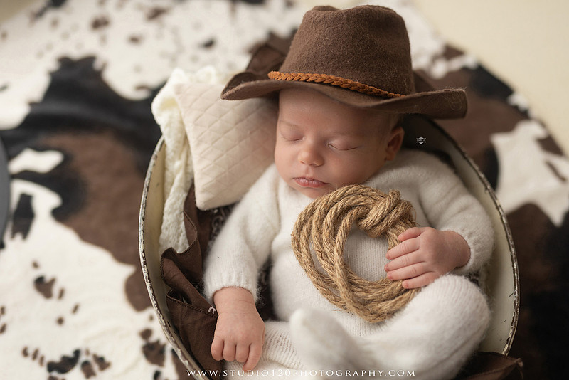 Professional newborn photography session featuring a sleeping baby boy in rustic western-inspired setups with cowboy hats, neutral wraps, wooden props, greenery, and vintage accents, along with heartfelt family portraits with parents and their dogs at Studio 120 Photography in Ramona, California.