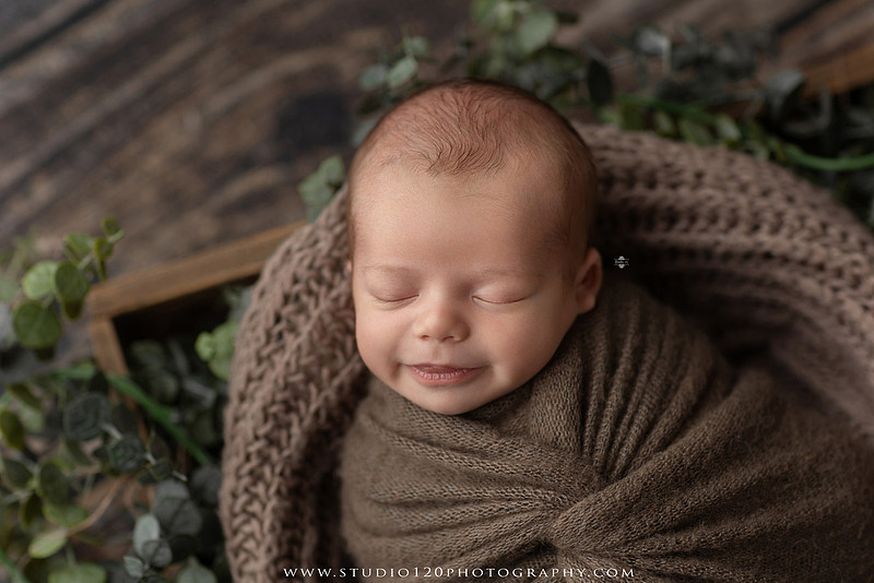 Professional newborn photography session featuring a sleeping baby boy in rustic western-inspired setups with cowboy hats, neutral wraps, wooden props, greenery, and vintage accents, along with heartfelt family portraits with parents and their dogs at Studio 120 Photography in Ramona, California.