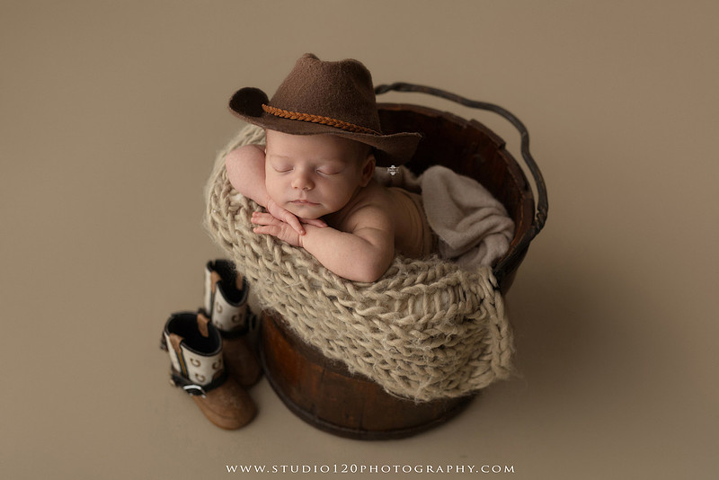 Professional newborn photography session featuring a sleeping baby boy in rustic western-inspired setups with cowboy hats, neutral wraps, wooden props, greenery, and vintage accents, along with heartfelt family portraits with parents and their dogs at Studio 120 Photography in Ramona, California.