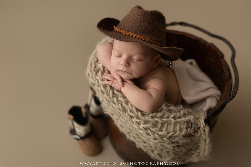 Professional newborn photography session featuring a sleeping baby boy in rustic western-inspired setups with cowboy hats, neutral wraps, wooden props, greenery, and vintage accents, along with heartfelt family portraits with parents and their dogs at Studio 120 Photography in Ramona, California.
