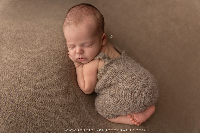 Professional newborn photography session featuring a sleeping baby boy in rustic western-inspired setups with cowboy hats, neutral wraps, wooden props, greenery, and vintage accents, along with heartfelt family portraits with parents and their dogs at Studio 120 Photography in Ramona, California.