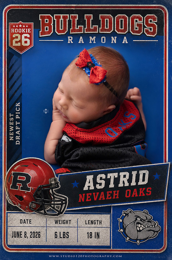 Professional newborn photography session featuring baby girl Astrid with custom Ramona Bulldogs football-themed portraits, a handcrafted Bulldogs newborn bucket wrap, football helmet and football, soft neutral newborn poses, vintage wooden bed with floral styling, plush bunny, blush and cream wraps, personalized 3D printed name sign, custom ASTRID letter artwork, and timeless studio newborn portraits by Studio 120 Photography in Ramona, CA.