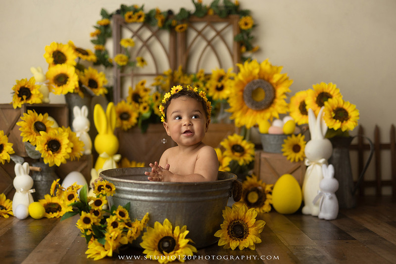 One-year-old baby girl enjoying a sunflower-themed milk bath in a vintage galvanized tub surrounded by bright yellow sunflowers, rustic spring decor, Easter accents, and cheerful floral details during a milestone photography session at Studio 120 Photography in Ramona, California.