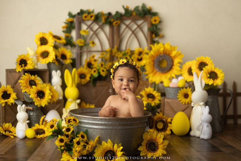 One-year-old baby girl enjoying a sunflower-themed milk bath in a vintage galvanized tub surrounded by bright yellow sunflowers, rustic spring decor, Easter accents, and cheerful floral details during a milestone photography session at Studio 120 Photography in Ramona, California.