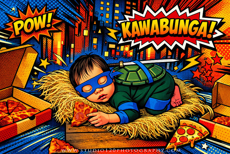 Newborn baby boy dressed in a handmade Teenage Mutant Ninja Turtles-inspired costume with a custom shell, blue mask, and 3D-printed katanas, sleeping beside pizza boxes in a creative custom newborn photography setup by Studio 120 Photography in Ramona, California.