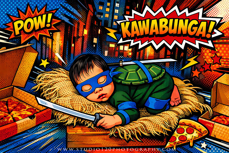 Newborn baby boy dressed in a handmade Teenage Mutant Ninja Turtles-inspired costume with a custom shell, blue mask, and 3D-printed katanas, sleeping beside pizza boxes in a creative custom newborn photography setup by Studio 120 Photography in Ramona, California.