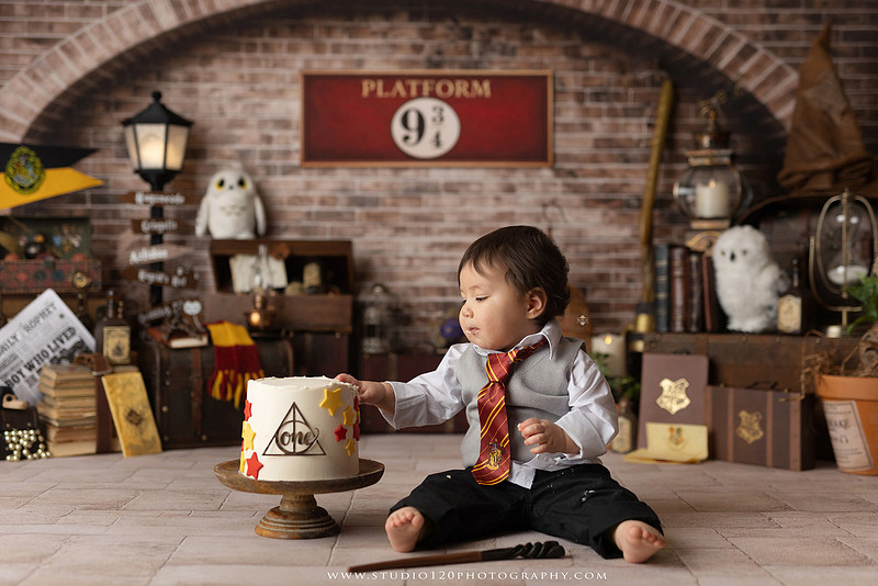 One-year-old boy dressed as a wizard smiling beside a Harry Potter-inspired birthday cake during a magical first birthday cake smash in San Diego.