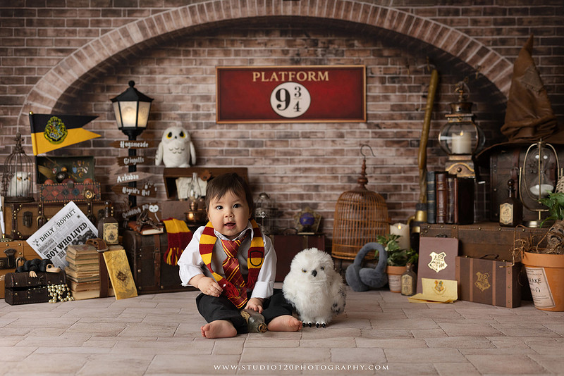 One-year-old boy dressed as a wizard smiling beside a Harry Potter-inspired birthday cake during a magical first birthday cake smash in San Diego.