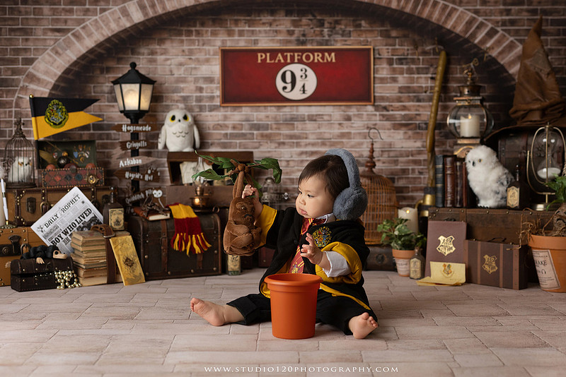 One-year-old boy dressed as a wizard smiling beside a Harry Potter-inspired birthday cake during a magical first birthday cake smash in San Diego.