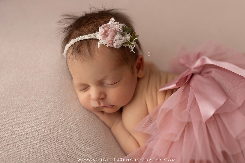 A collection of professional newborn portraits featuring a sleeping baby girl photographed in soft blush pink, ivory, and warm neutral tones. The gallery includes delicate floral headbands, a layered pink tutu, cozy cream wraps, a knitted lamb bonnet in a rustic wooden bucket, and beautiful cherry blossom accents. Images showcase a variety of classic newborn poses on textured blankets, nestled in a floral basket, and wrapped in timeless knit fabrics. Captured at Studio 120 Photography in Ramona, serving San Diego families with fine art newborn photography.