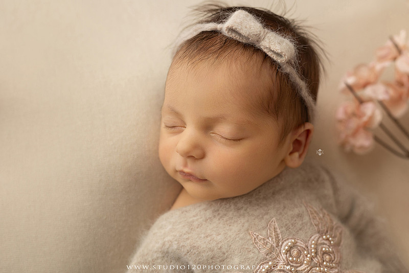 A collection of professional newborn portraits featuring a sleeping baby girl photographed in soft blush pink, ivory, and warm neutral tones. The gallery includes delicate floral headbands, a layered pink tutu, cozy cream wraps, a knitted lamb bonnet in a rustic wooden bucket, and beautiful cherry blossom accents. Images showcase a variety of classic newborn poses on textured blankets, nestled in a floral basket, and wrapped in timeless knit fabrics. Captured at Studio 120 Photography in Ramona, serving San Diego families with fine art newborn photography.