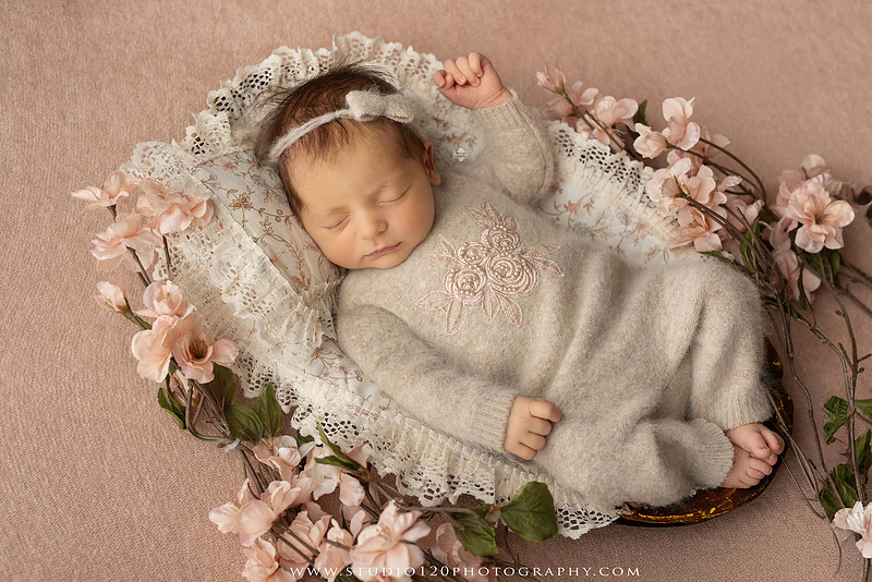A collection of professional newborn portraits featuring a sleeping baby girl photographed in soft blush pink, ivory, and warm neutral tones. The gallery includes delicate floral headbands, a layered pink tutu, cozy cream wraps, a knitted lamb bonnet in a rustic wooden bucket, and beautiful cherry blossom accents. Images showcase a variety of classic newborn poses on textured blankets, nestled in a floral basket, and wrapped in timeless knit fabrics. Captured at Studio 120 Photography in Ramona, serving San Diego families with fine art newborn photography.