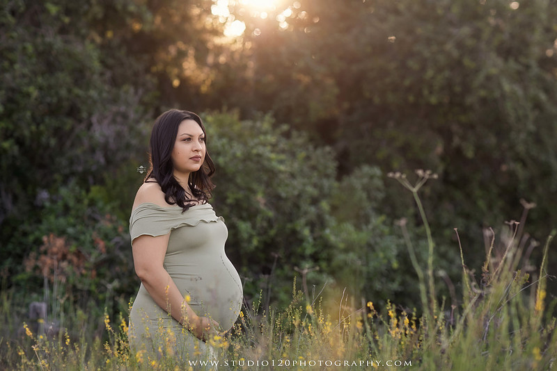 A golden hour maternity photography session at Lake Poway featuring an expecting family surrounded by wildflowers, rolling hills, and mountain views. The gallery includes romantic portraits of the parents, family photos with their young son, candid moments celebrating a growing family, and close-up images highlighting the mother's baby bump and the excitement of becoming a big brother. Captured in soft natural light with timeless neutral tones by Studio 120 Photography in Ramona, serving families throughout San Diego.