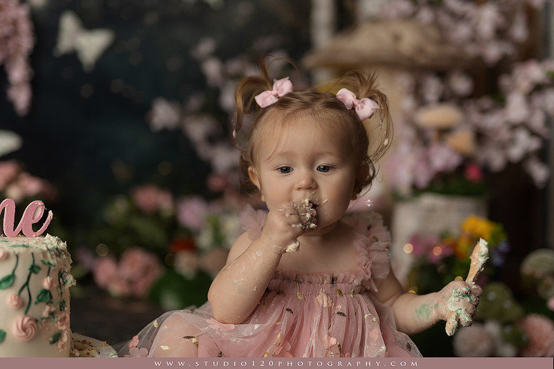 One-year-old girl celebrating her first birthday with an enchanted fairy garden cake smash, wearing a blush pink fairy dress and wings while exploring a whimsical set filled with flowers, butterflies, woodland mushrooms, lanterns, and a floral cake. Custom fairy-themed first birthday photography by Studio 120 Photography in Ramona, serving San Diego and surrounding areas.