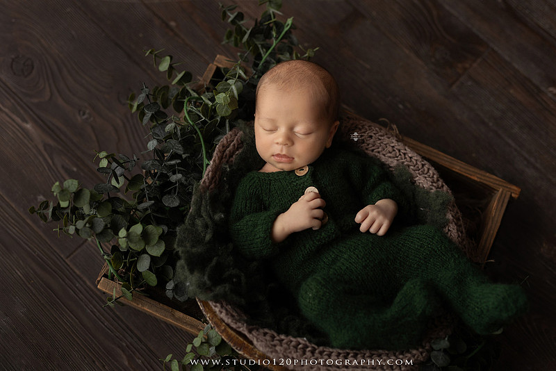A collection of timeless newborn portraits featuring a sleeping baby boy photographed in Studio 120 Photography's Ramona studio. The gallery includes organic, neutral styling with soft cream wraps, textured knit blankets, rustic wooden bowls, vintage wash tubs, woven baskets, a modern macramé hammock, and a miniature woodland chair surrounded by handcrafted pine trees. Rich wood tones, eucalyptus greenery, dried botanicals, and warm natural textures create an elegant, earthy aesthetic. The collection also features simple beanbag portraits highlighting the baby's tiny features, peaceful sleeping poses, sweet smiles, and bright awake expressions. These fine art newborn photographs capture the beauty of a baby's earliest days with classic, heirloom-quality styling for families throughout Ramona, San Diego, Poway, Escondido, Lakeside, El Cajon, and surrounding Southern California communities.