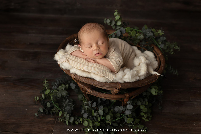 A collection of timeless newborn portraits featuring a sleeping baby boy photographed in Studio 120 Photography's Ramona studio. The gallery includes organic, neutral styling with soft cream wraps, textured knit blankets, rustic wooden bowls, vintage wash tubs, woven baskets, a modern macramé hammock, and a miniature woodland chair surrounded by handcrafted pine trees. Rich wood tones, eucalyptus greenery, dried botanicals, and warm natural textures create an elegant, earthy aesthetic. The collection also features simple beanbag portraits highlighting the baby's tiny features, peaceful sleeping poses, sweet smiles, and bright awake expressions. These fine art newborn photographs capture the beauty of a baby's earliest days with classic, heirloom-quality styling for families throughout Ramona, San Diego, Poway, Escondido, Lakeside, El Cajon, and surrounding Southern California communities.